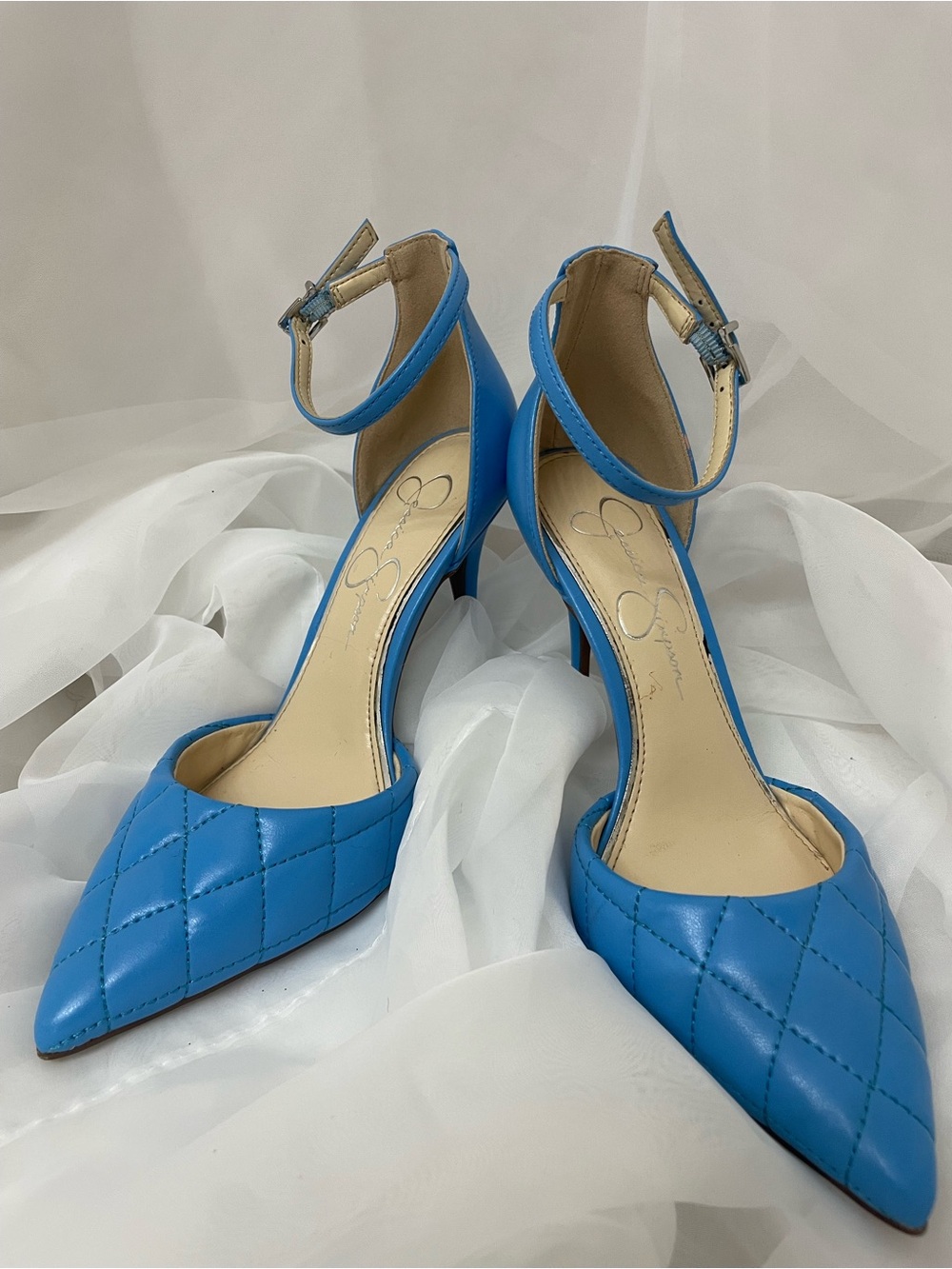 Jessica Simpson Blue Quilted Pointed-Toe Ankle-Strap Pumps (Size 7.5)